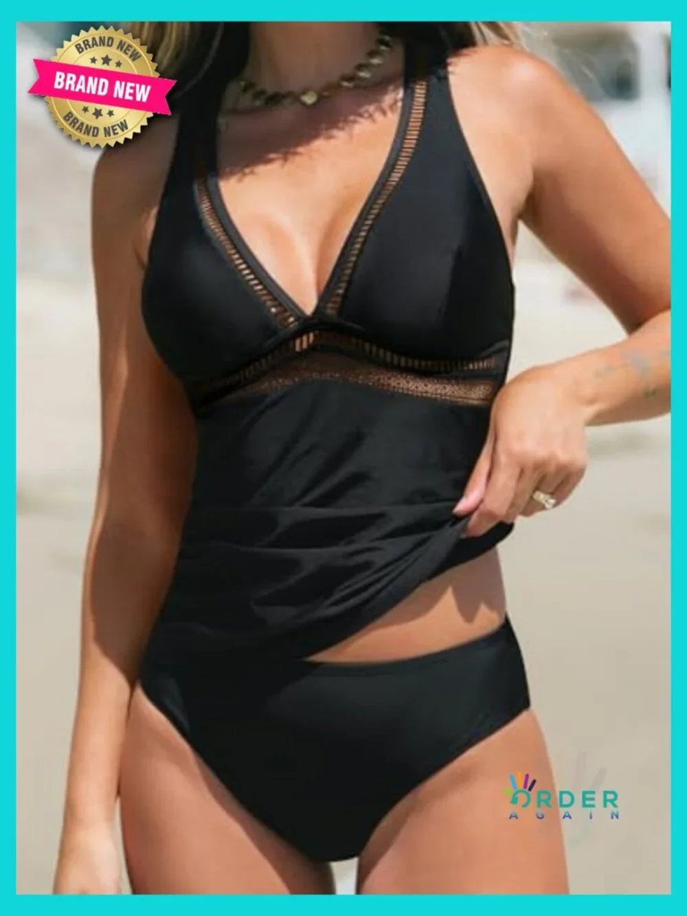 V Neck Tankini Set Mesh Crisscross Back Adjustable Straps Two Piece Swimwear
